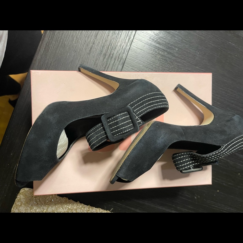 Stiletto Shoes 7M Black 5 Inch Heels Ankle Strap Platform Open Toe Faux Suede